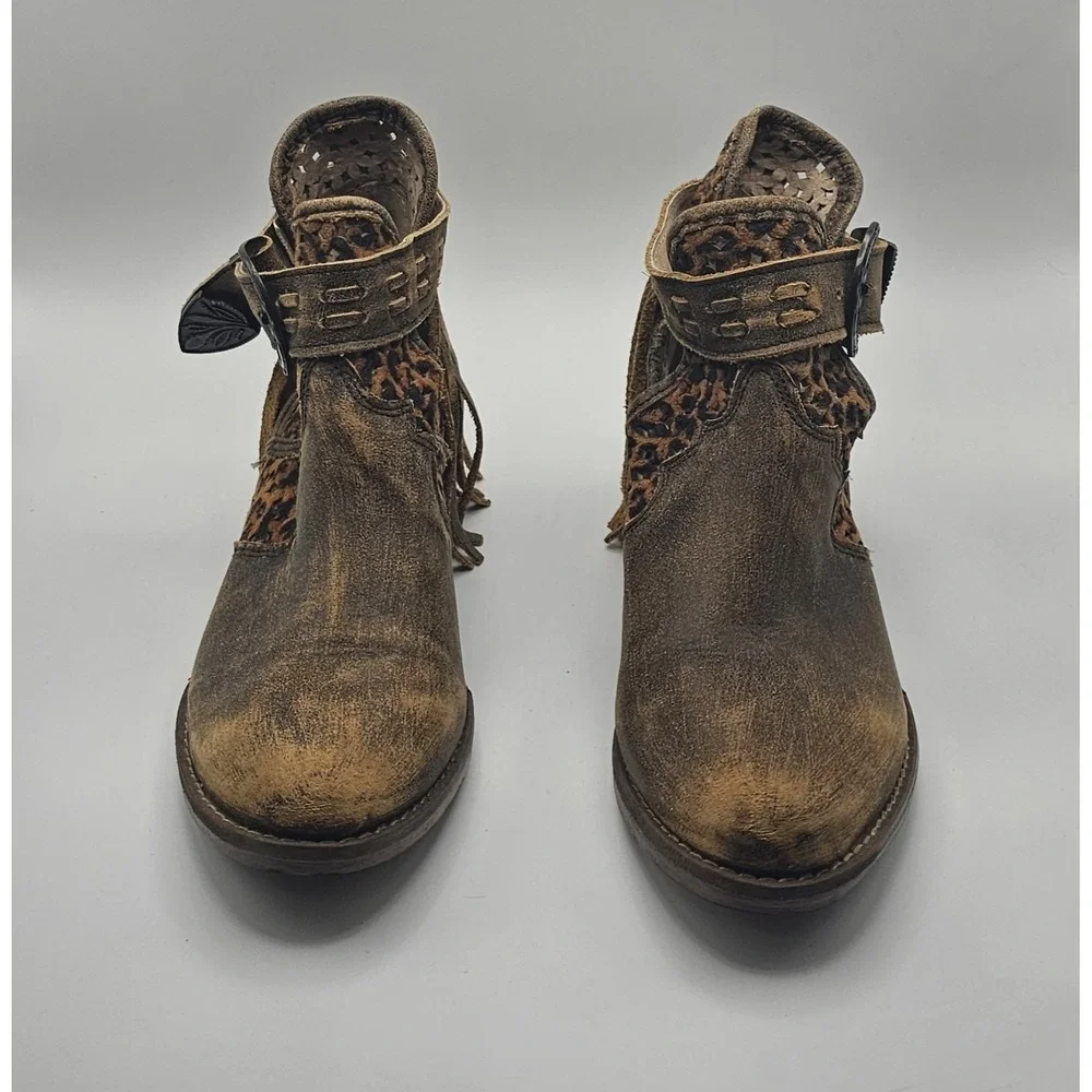 Circle G Corral Brown Fringe Harness Shortie Boots Women's Size 8 Western Animal - Picture 5 of 8